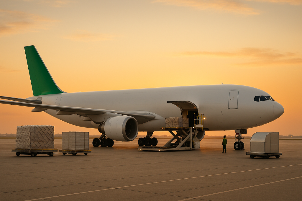 Avion de carga en pista al amanecer