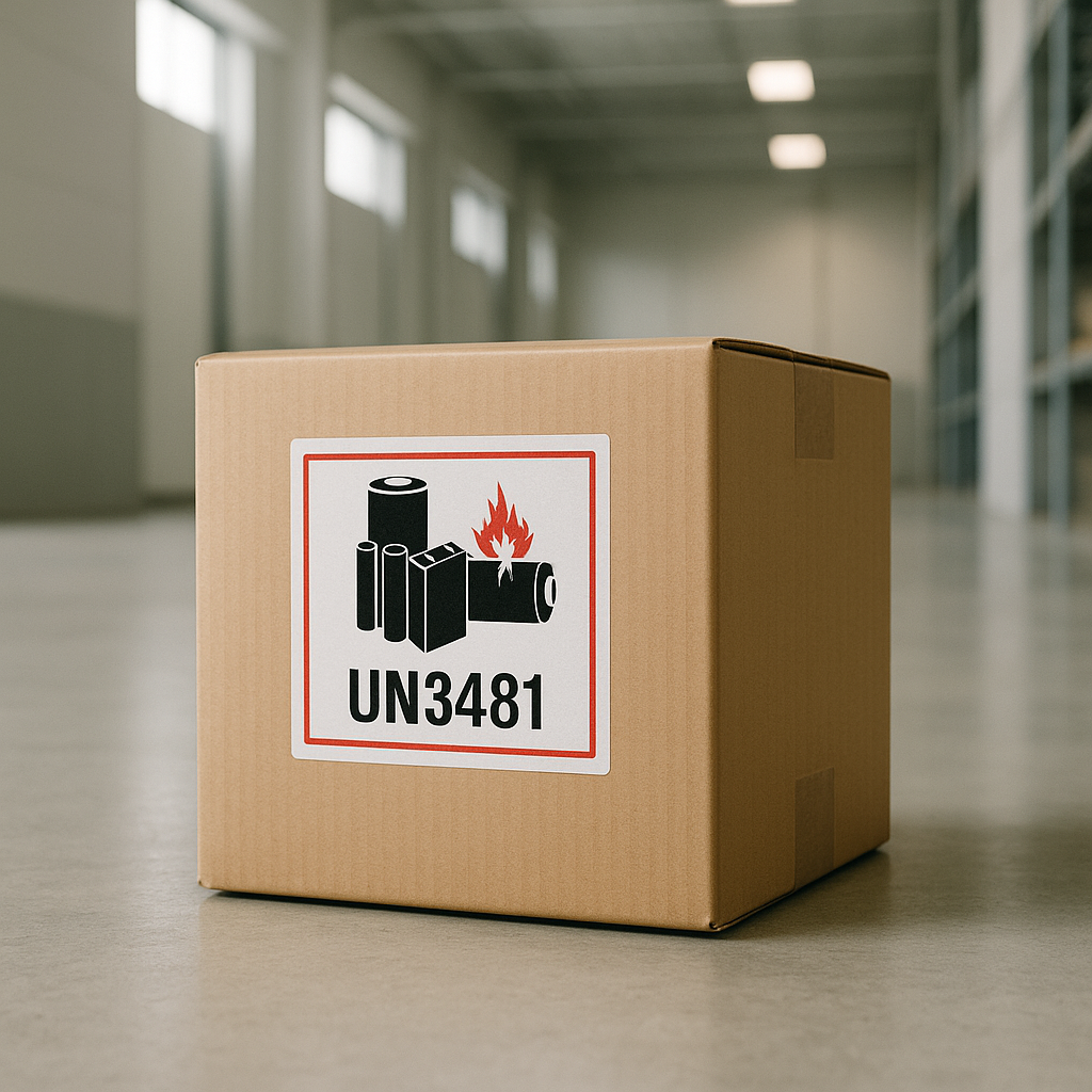 Caja con etiqueta UN3481 de baterías de litio